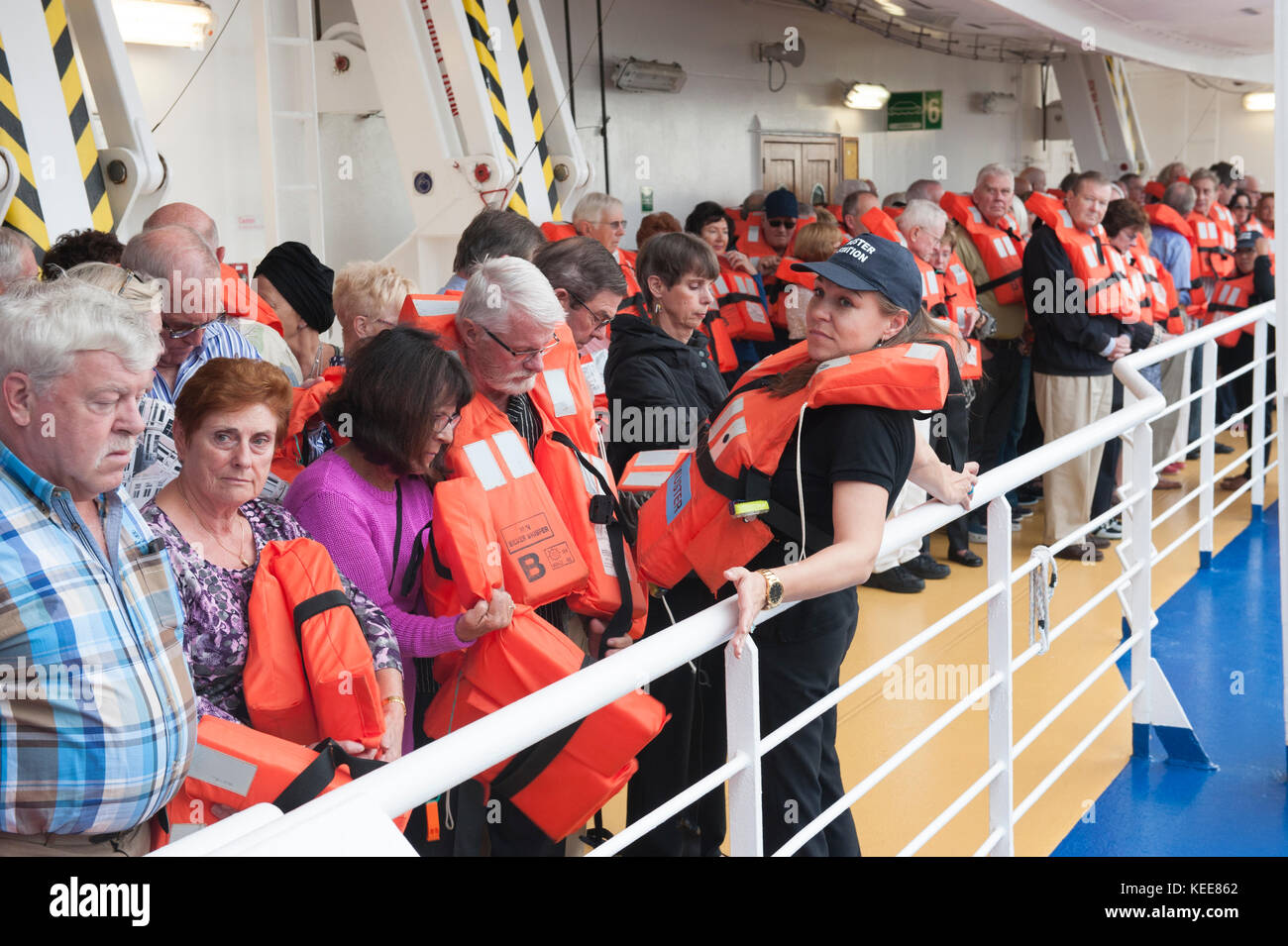 Muster drill with passengers on a cruise ship Stock Photo Alamy