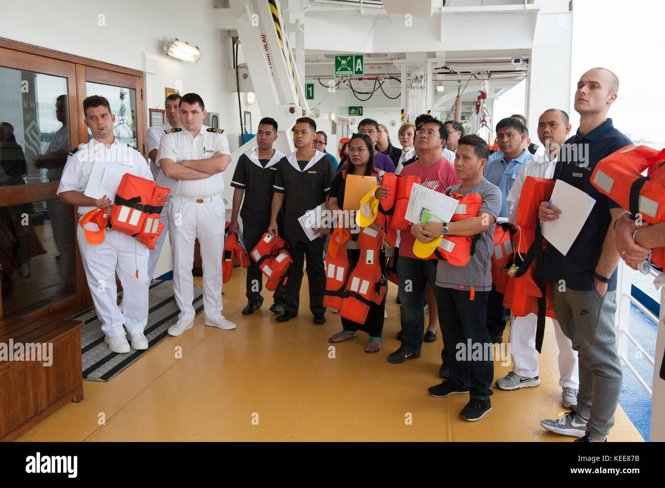 Muster drill with passengers on a cruise ship Stock Photo Alamy