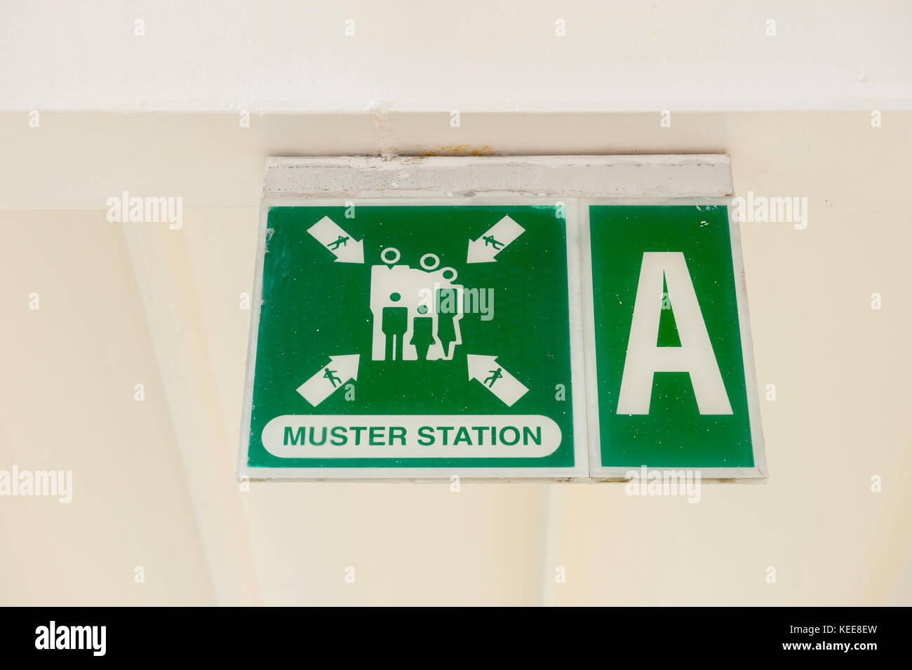 Emergency muster station sign on a cruise ship Stock Photo