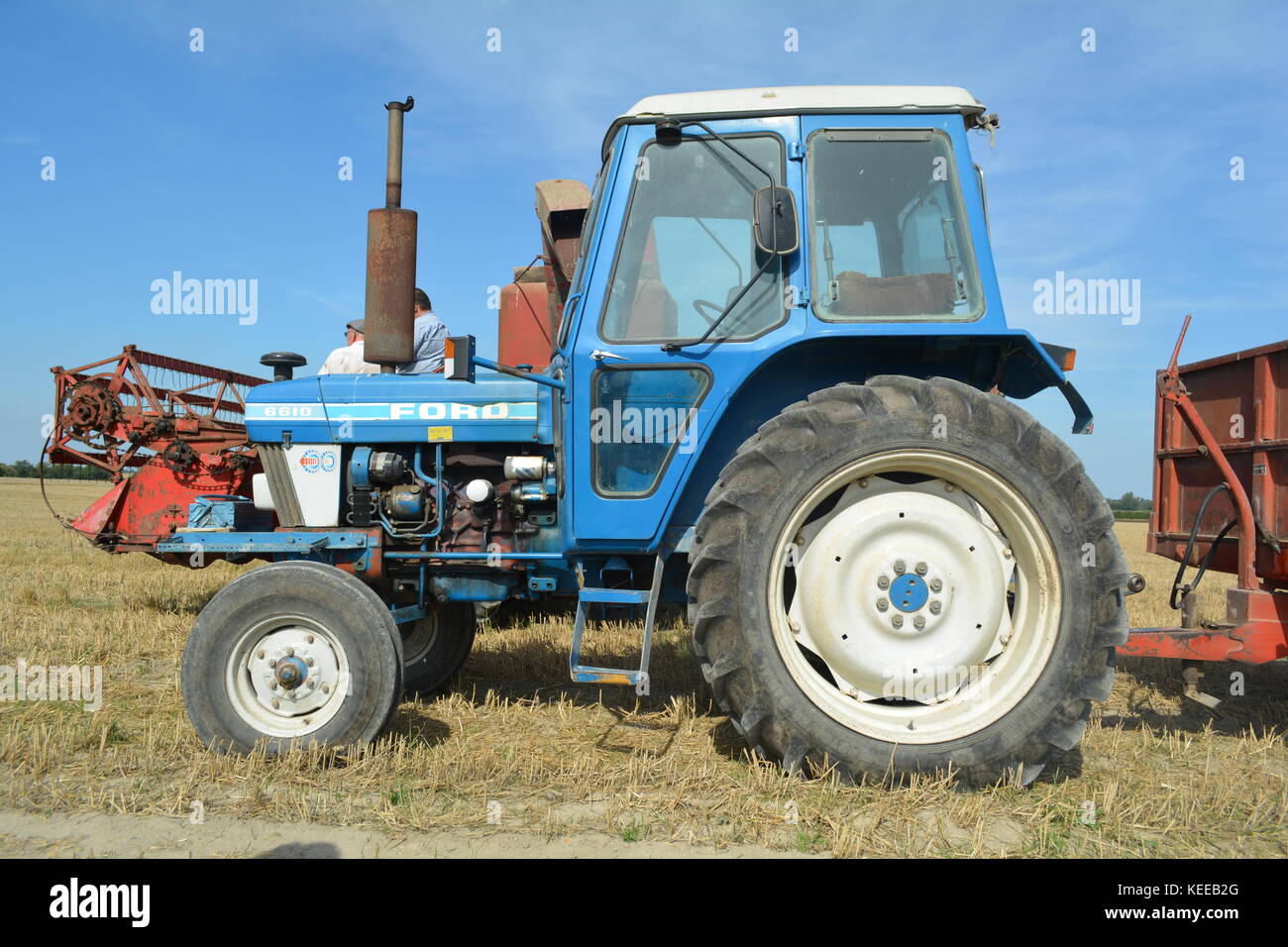 Small blue Ford tractor being used on English farm at harvest time Stock Photo