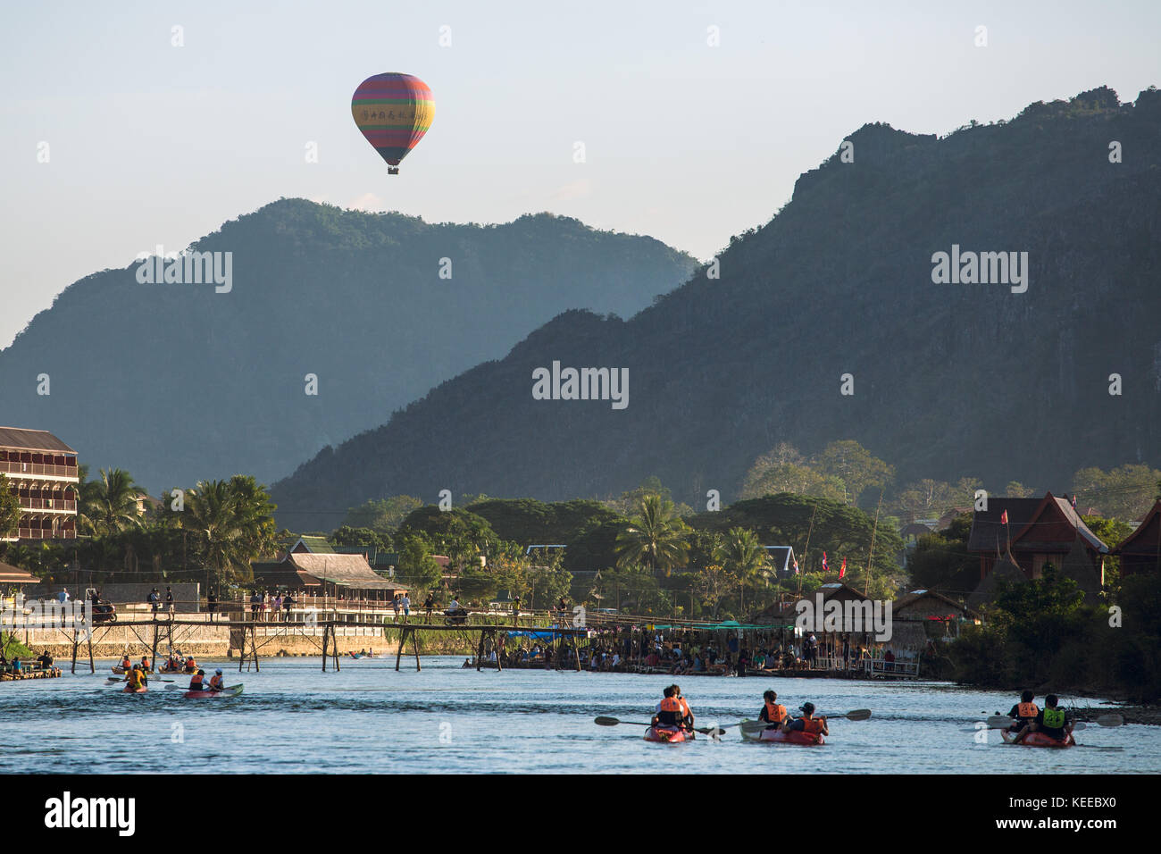 Vang Vieng, Laos - January 19, 2017: Hot air baloon in sky in Vang Vieng, Laos. Stock Photo