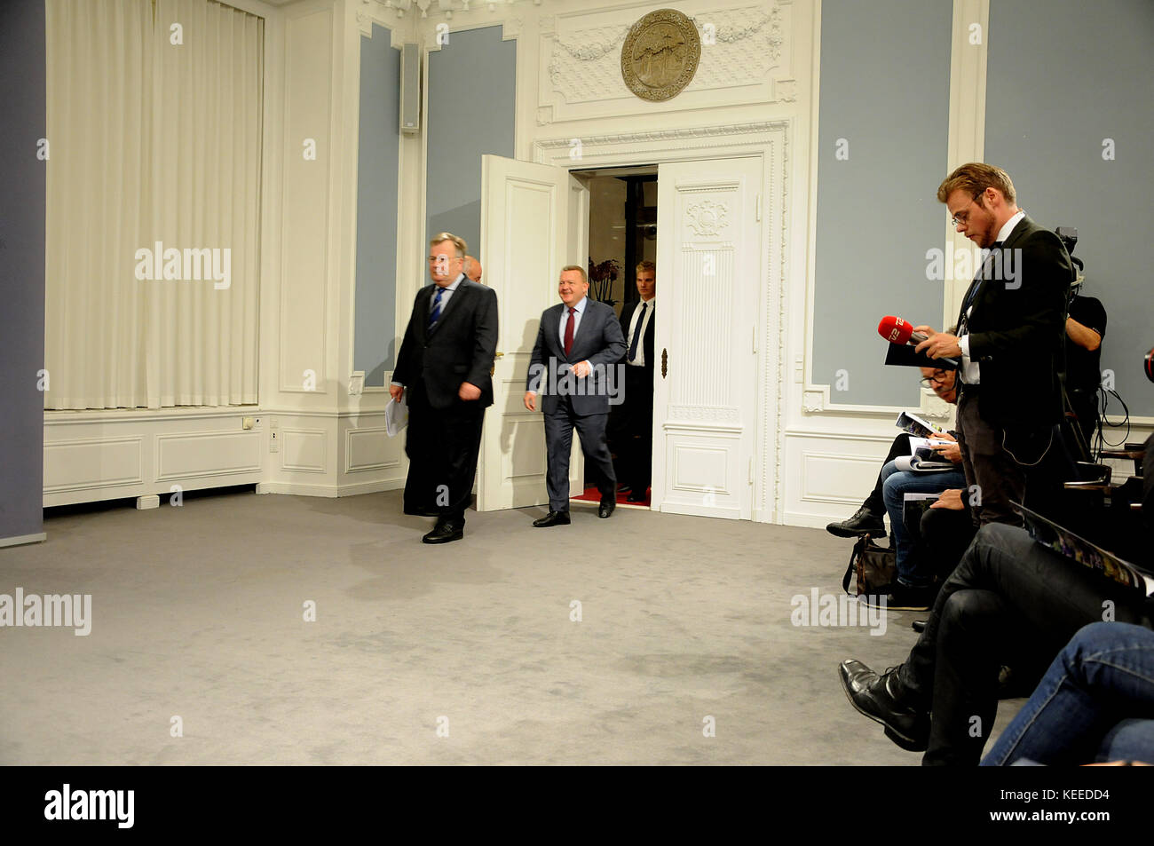 Copenhagen /Denmark - 11.October  2017.  Denmark's prime minister Lars Lokke Rasmussen (R) right in image and danish minister for defence Claus Hjort  Stock Photo