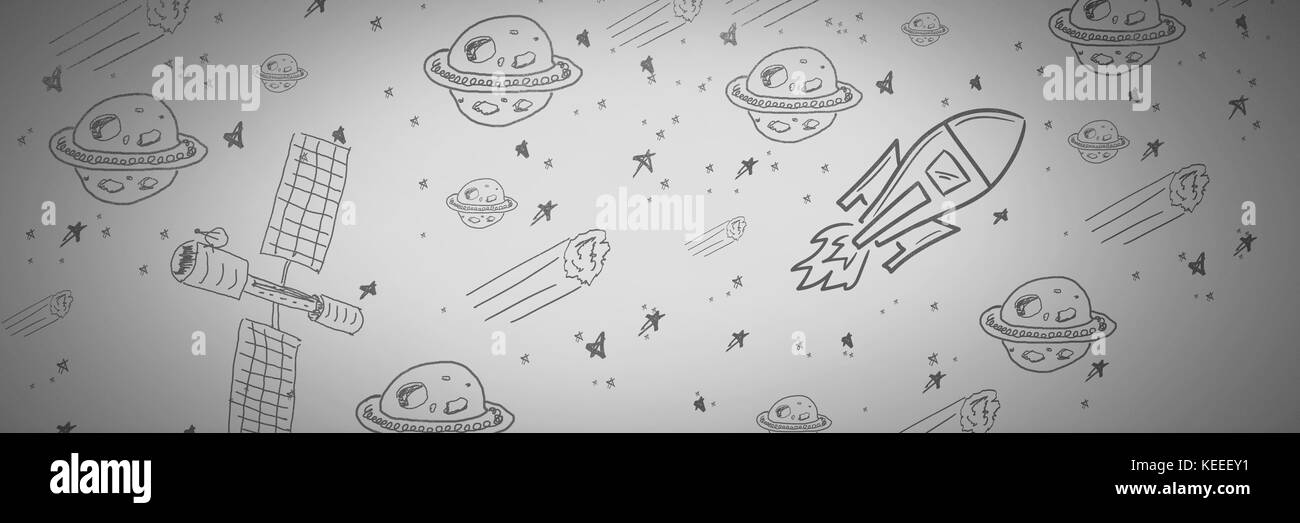 Digital composite of Grey background with rocket and planets satellite ...