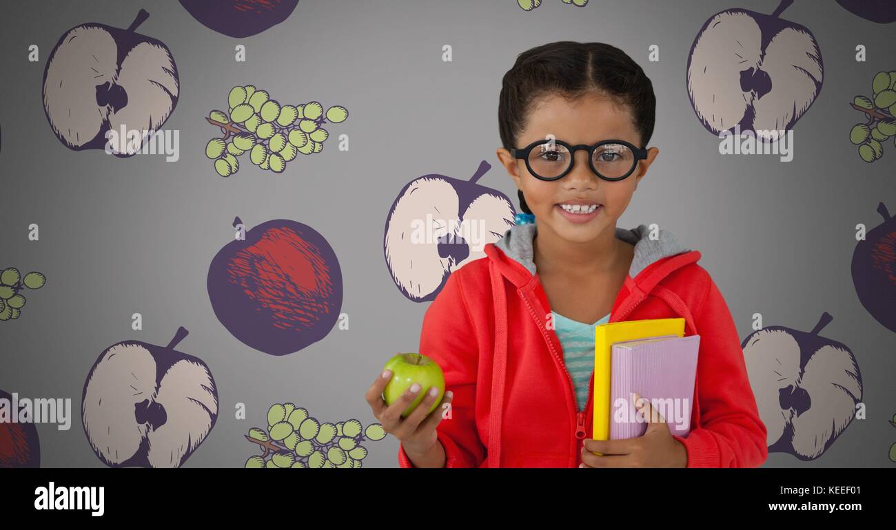 Digital composite of Girl against grey background with apple and books ...