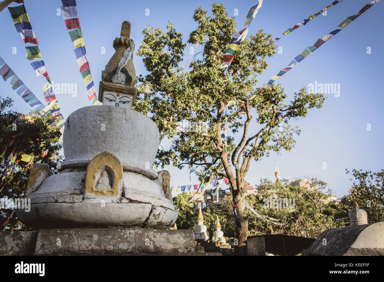 Stupa and prayer flags, Monkey Temple, Nepal Stock Photo