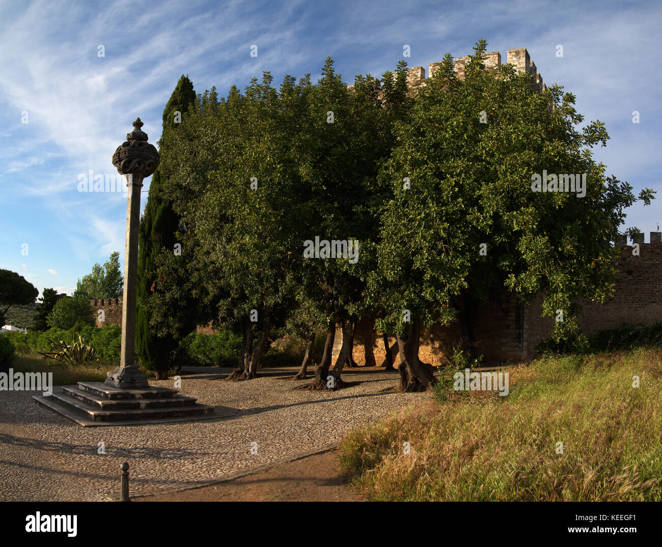 Gothic (Manuelino) style, eight meters high, stone pillory or whipping post built on four steps next to the outer walls of Vila Vicosa castle. Built i Stock Photo