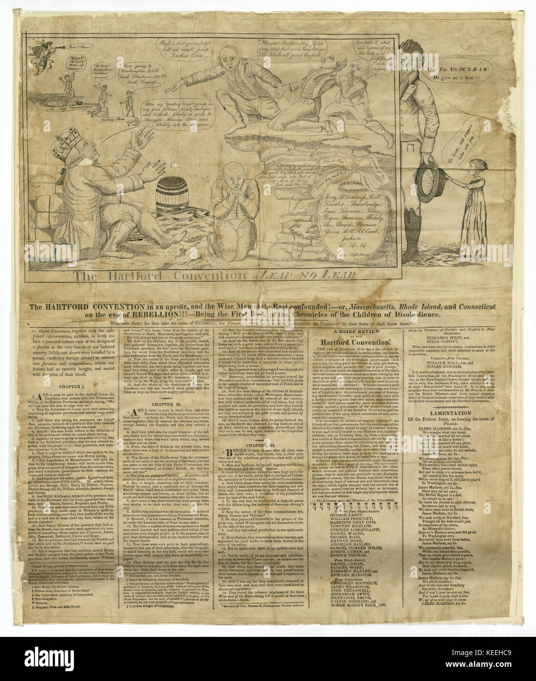 Broadside, printed and illustrated, satire on the Hartford Convention, or  Leap No Leap,  being the first book of the Chronicles of the Children of Disobedience, 1815 Stock Photo
