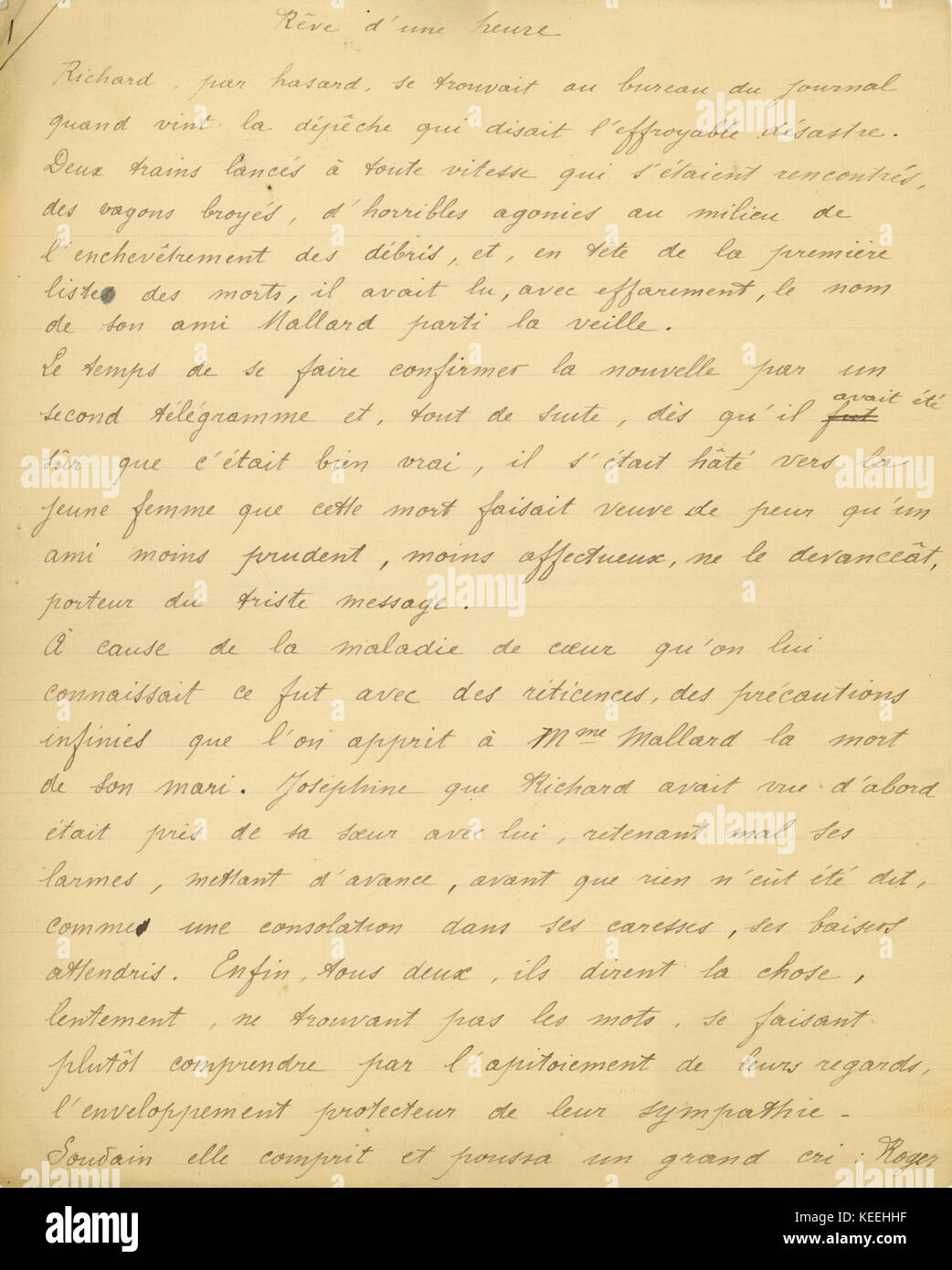 Manuscript of short story,  Reve d'une Heure (Dream of an Hour),  by Kate Chopin, translated into French by Henri Dumay, ca. 1894 Stock Photo