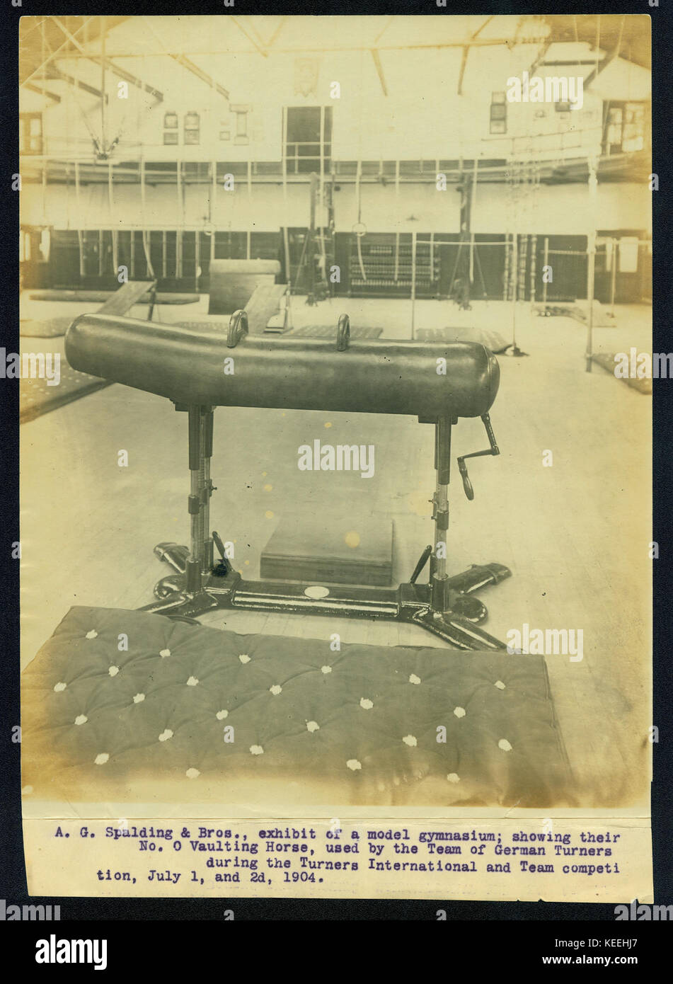 A. G. Spalding and Brothers, exhibit of a model gymnasium; showing their No. 0 Vaulting Horse, used by the Team of German Turners during the Turners International and Team competition, July 1, and 2d, 1904. Stock Photo