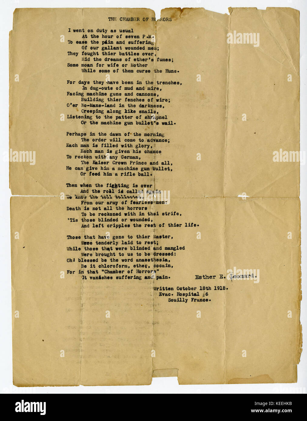 Typed poem by Esther E. Leonard titled  The Chamber of Horrors,  October 18, 1918 Stock Photo