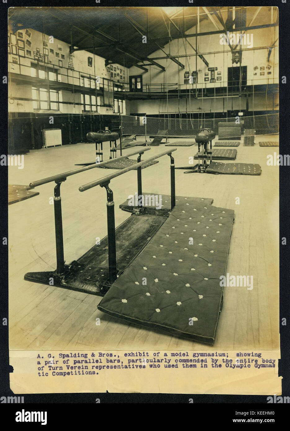 A. G. Spalding and Bros., exhibit of a model gymnasium; showing a pair of parallel bars, particularly commended by the entire body of Turn Verein representatives who used them in the Olympic Gymnastic Competitions. Stock Photo