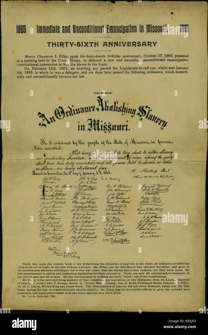 Circular   Immediate and Unconditional Emancipation in Missouri, 1865 1901, Thirty Sixth Anniversary,  1901 Stock Photo