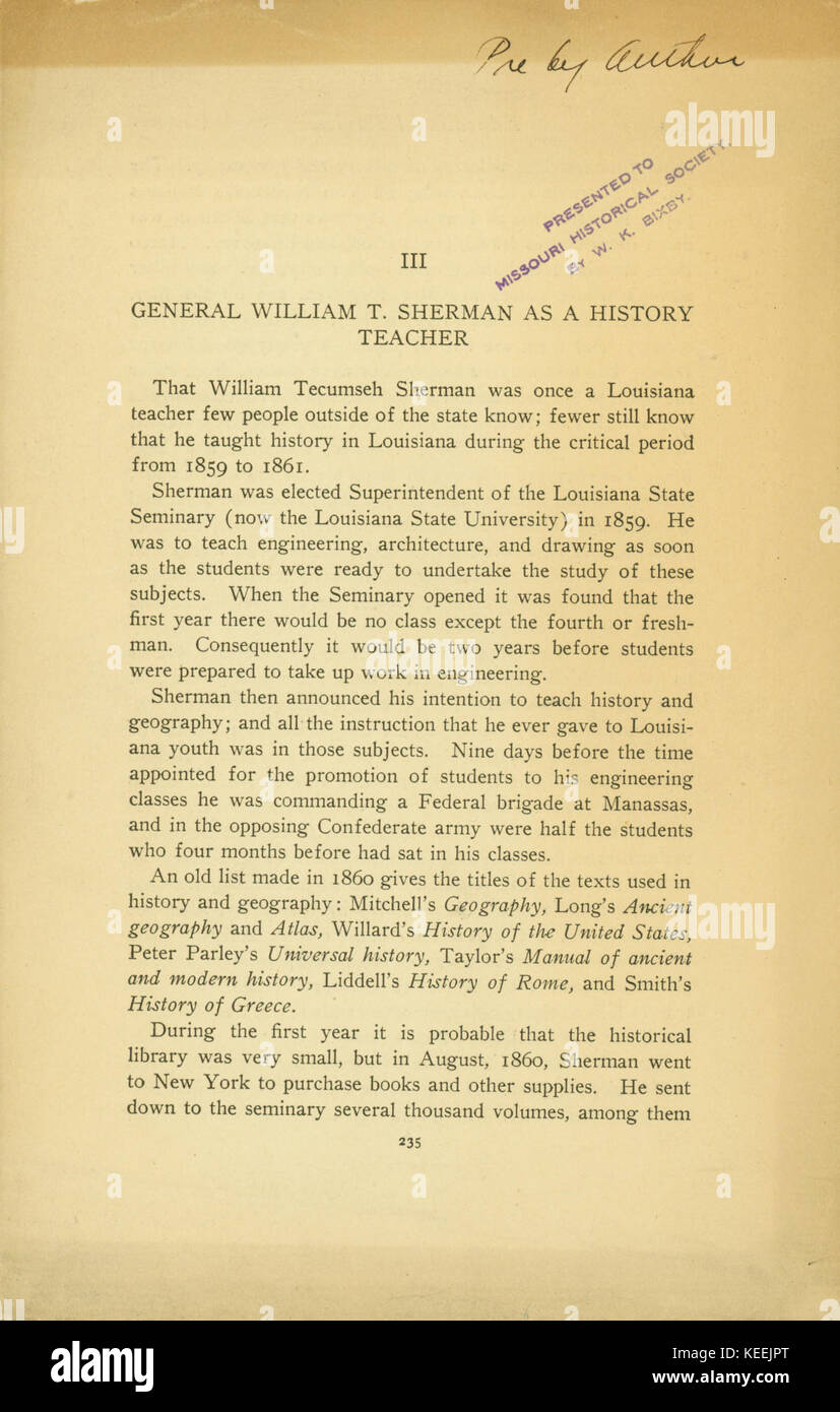Article titled  General William T. Sherman as a History Teacher  by Walter L. Fleming, published byEducational Review, Louisiana State University, October 1910 Stock Photo
