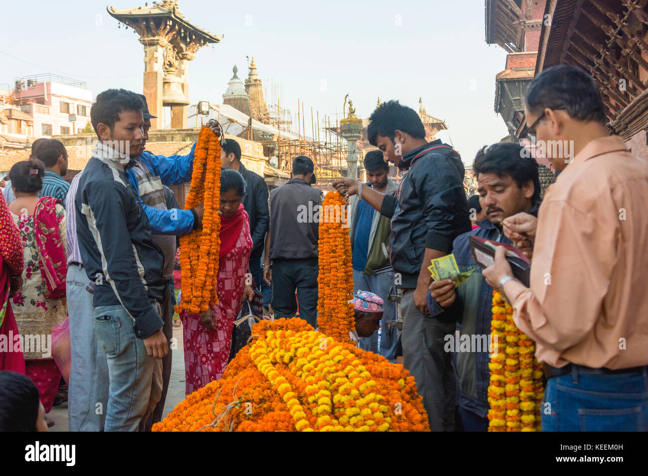 19 October 2017 : Crowd of people walking at shopping Street market at Patan Durbar Square on Tihar or Diwali festival day, Patan Nepal. Stock Photo