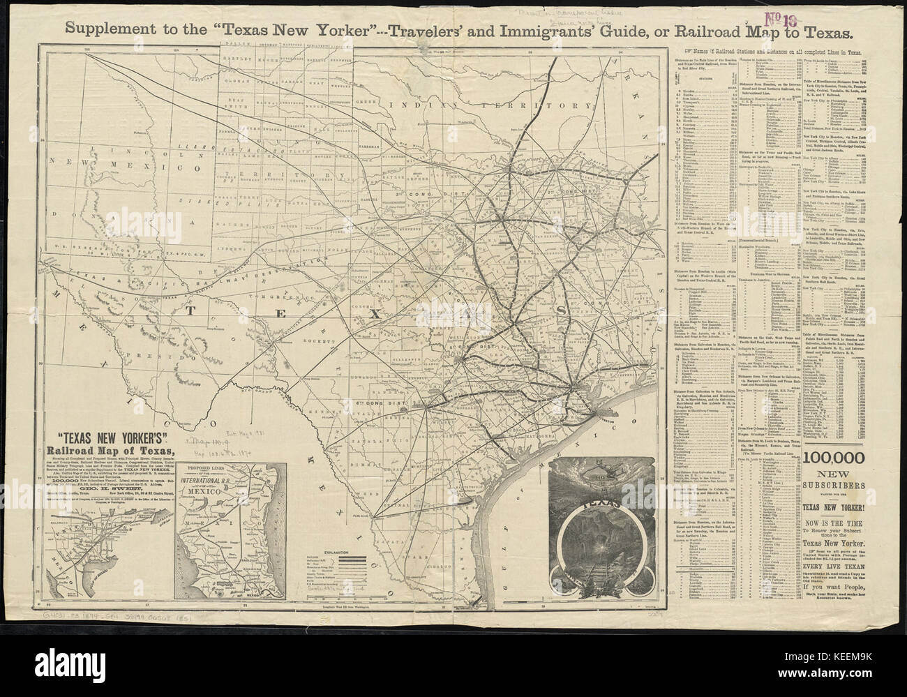 Texas New Yorker's  railroad map of Texas   showing all completed and proposed routes, with principal rivers, county boundaries and county seats, railroad stations and distances, congressional (11840224613) Stock Photo