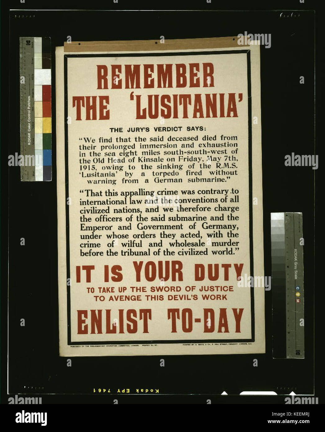 Remember the  Lusitania.  It is your duty to take up the sword of justice to avenge this devil's work. Enlist to day LCCN2003663081 Stock Photo