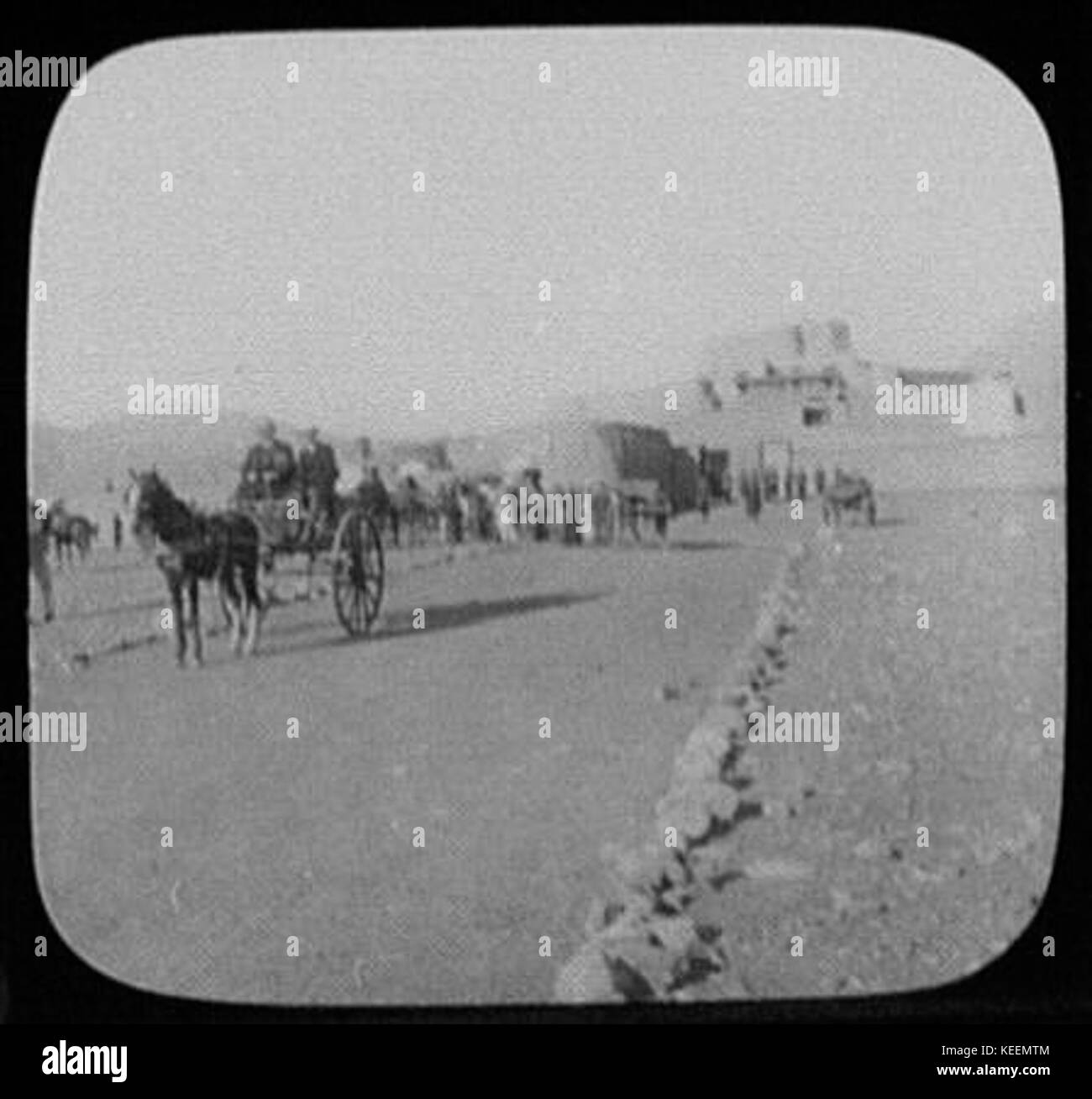 A two-wheeled cart, known as a tum tum cart, is seen departing Jamrud Fort for a journey to the nearby Khyber Pass, an important historical trade and travel route in South Asia. Stock Photo