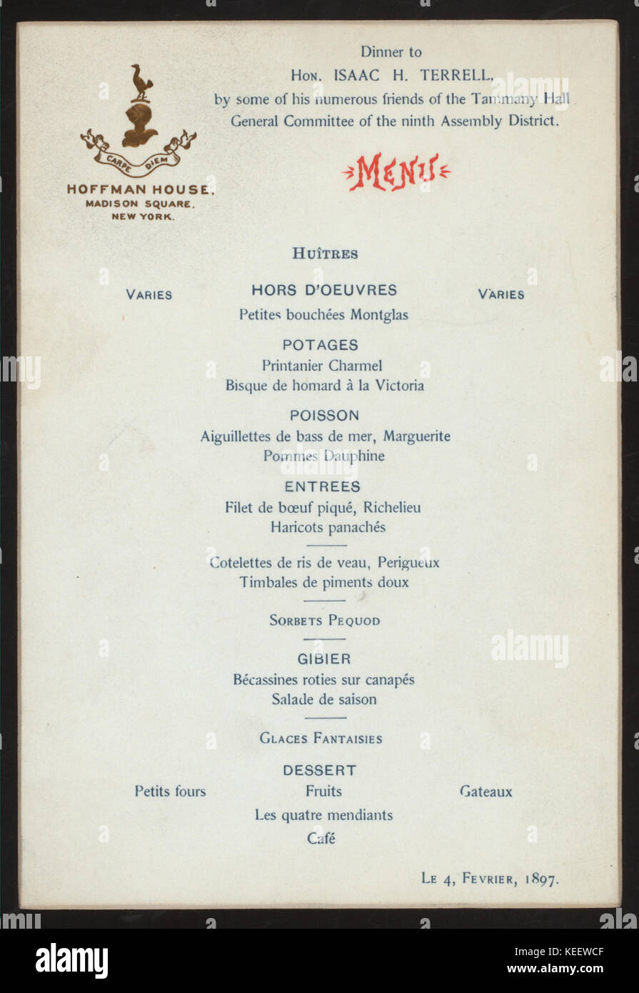 DINNER TO HON.ISAAC H. TERRELL (held by) TAMMANY HALL GENERAL COMMITTEE OF THE NINTH ASSEMBLY DISTRICT (at)  HOFFMAN HOUSE,NEW YORK, NY  (HOTEL;) (NYPL Hades 270865 470573) Stock Photo