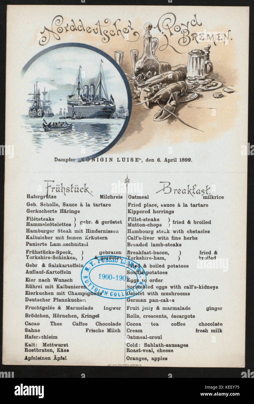 BREAKFAST (held by) NORDDEUTSCHER LLOYD BREMEN (at)    KONIGEN LUISE   AT SEA  (SS;) (NYPL Hades 271573 467733) Stock Photo