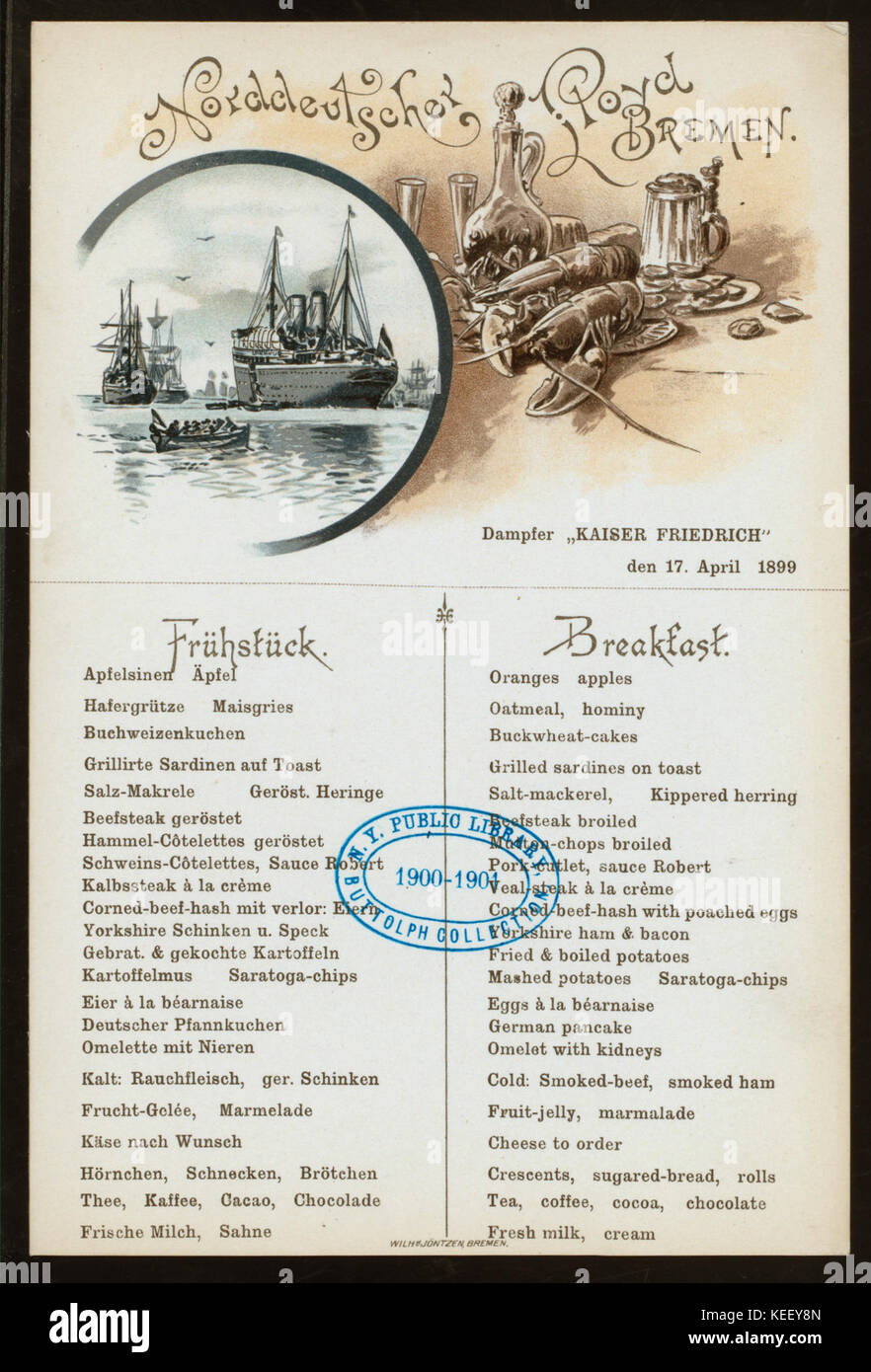BREAKFAST (held by) NORDDEUTCHER LLOYD BREMEN (at) KAISER FRIEDRICH AT SEA ( SS,FOR; ) (NYPL Hades 271613 467773) Stock Photo