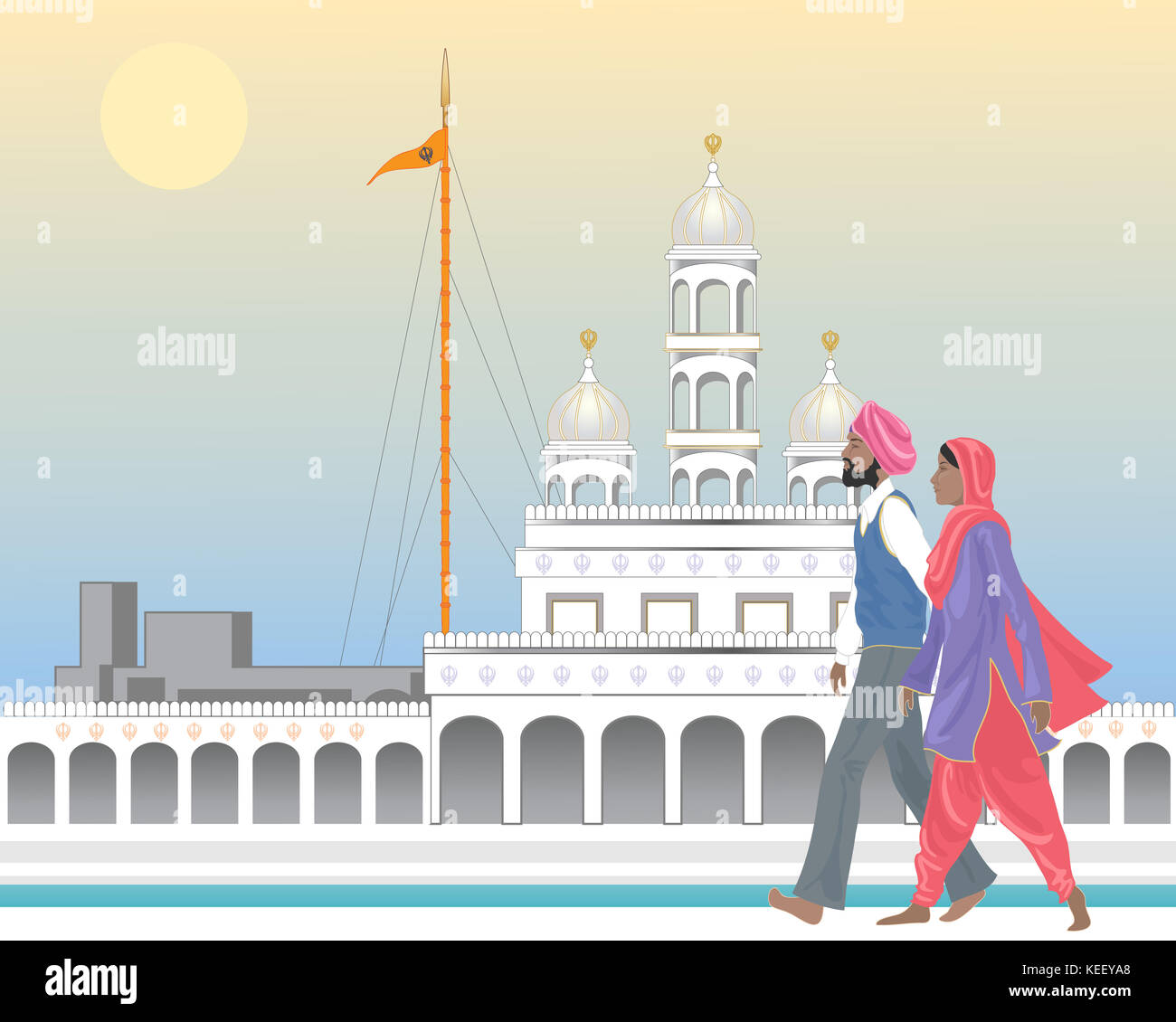 an illustration of a sikh couple at an ornate temple dressed in traditional  punjabi clothes under an evening sky Stock Photo - Alamy