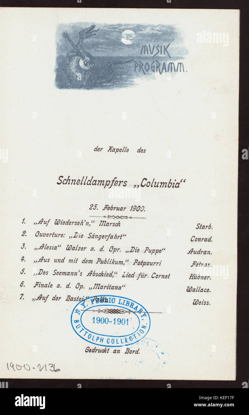 DINNER (held by) HAMBURG AMERIKA LINIE (at)  SCHNELLDAMPFER   COLUMBIA    (SS;) (NYPL Hades 272988 4000008391) Stock Photo