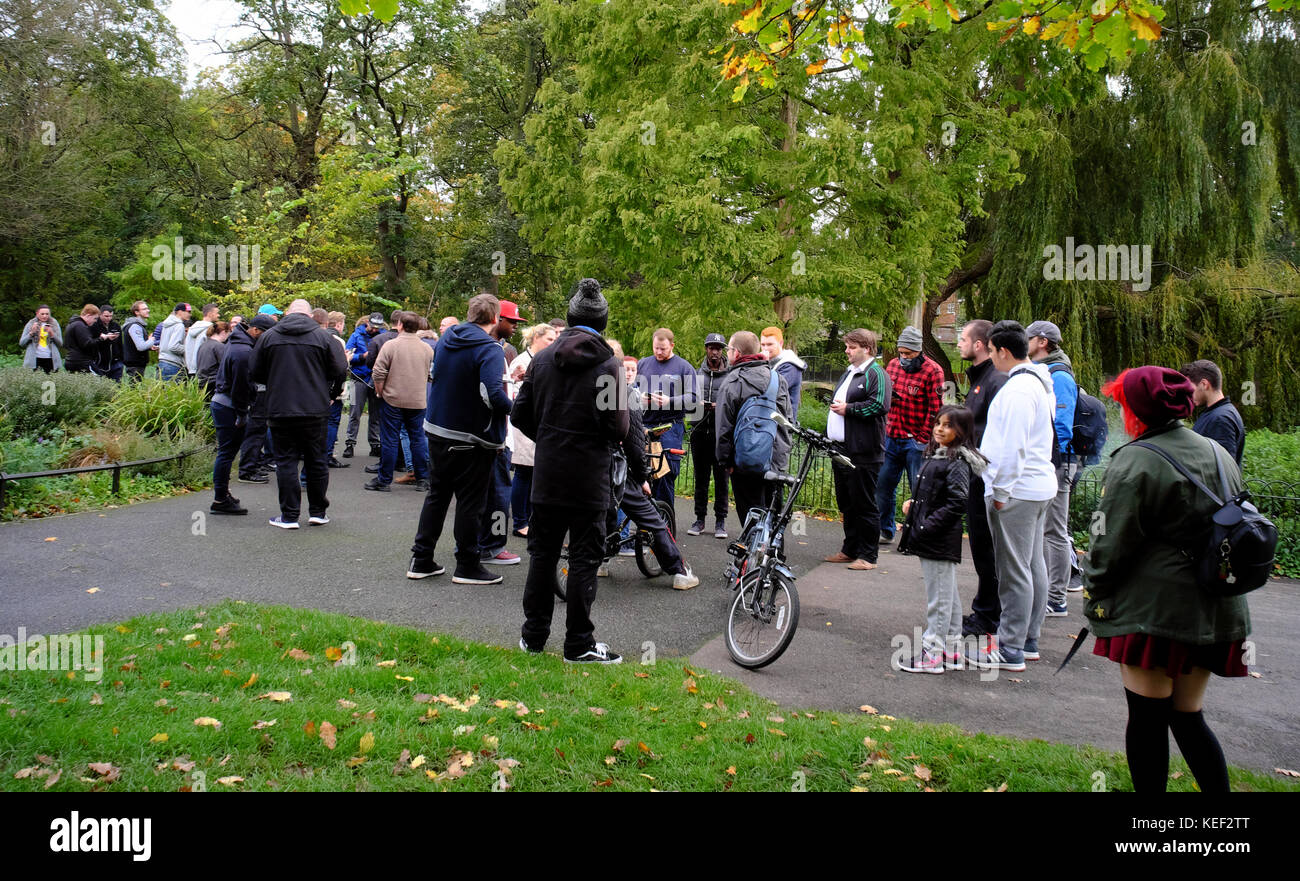 Luton, UK. 20th Oct, 2017. Bedfordshire 20th October 2017. UK Gaming. A large gathering of gamers playing Pokemon Go on their smartphones in Wardown Park, Luton, Bedfordshire, England. Stock Photo