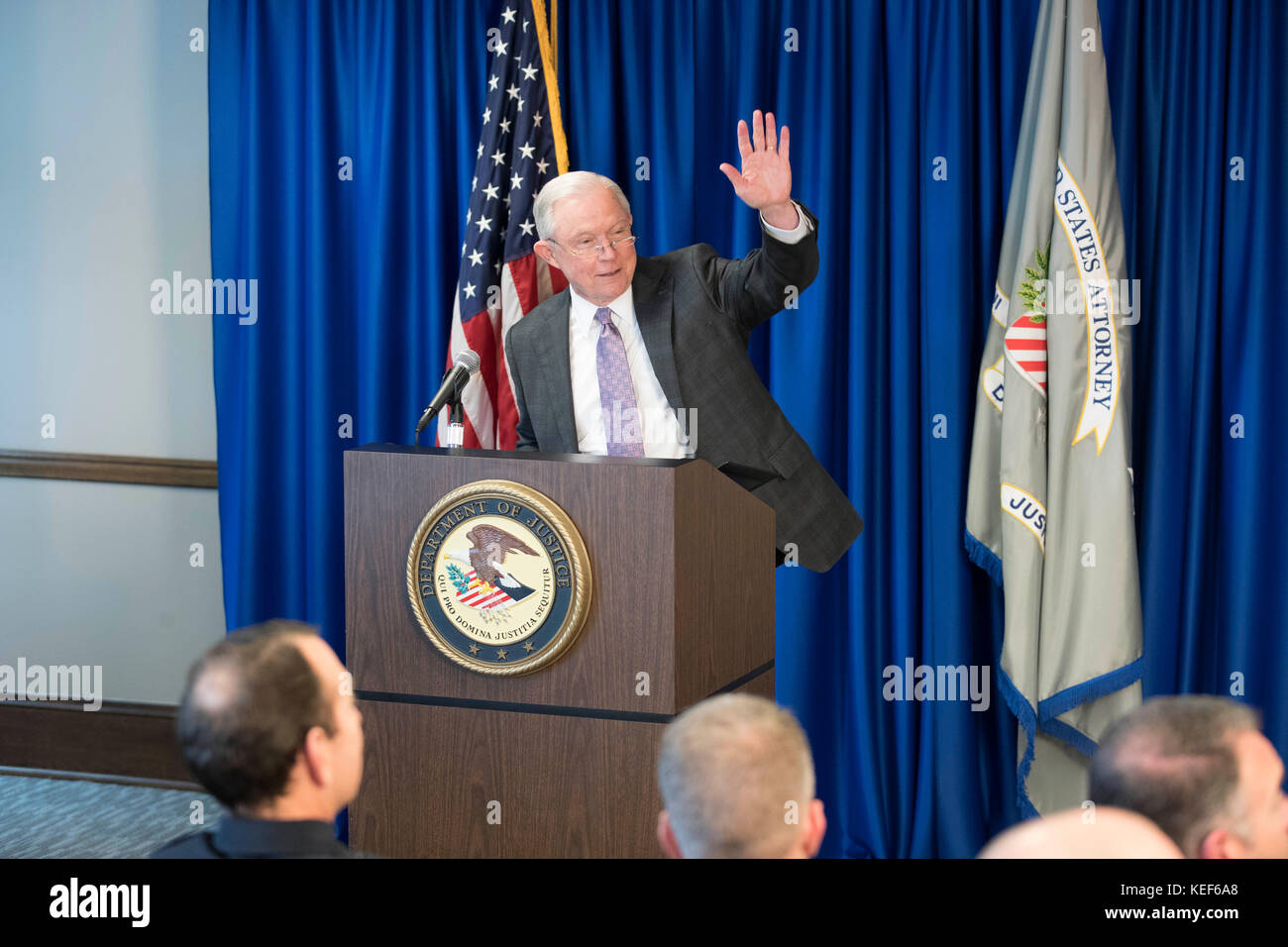 Austin, USA. 20th Oct, 2017. U.S. Attorney General Jeff Sessions, accompanied by U.S. Attorney for the Western District of Texas, Richard Durbin, Jr., speaks to U.S. attorneys on the Trump administration's immigration policy during a visit on Friday. Sessions was met by a few dozen protesters but no incidents were reported. Credit: Bob Daemmrich/Alamy Live News Stock Photo