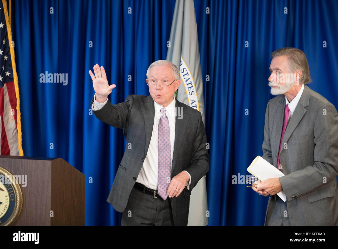 Austin, USA. 20th Oct, 2017. U.S. Attorney General Jeff Sessions (left), accompanied by U.S. Attorney for the Western District of Texas, Richard Durbin, Jr.(right), visits with U.S. attorneys to discuss the Trump administration's immigration policy in Austin, Texas. Sessions was met by a few dozen protesters but no incidents were reported. Credit: Bob Daemmrich/Alamy Live News Stock Photo