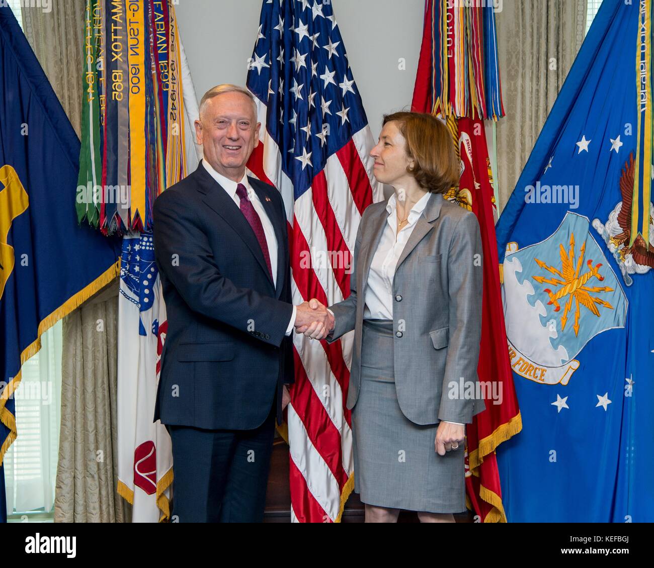 U.S. Secretary of Defense Jim Mattis welcomes French Defense Minister Florence Parly, right, prior to bilateral discussions the at the Pentagon October 20, 2017 in Arlington, Virginia. Stock Photo