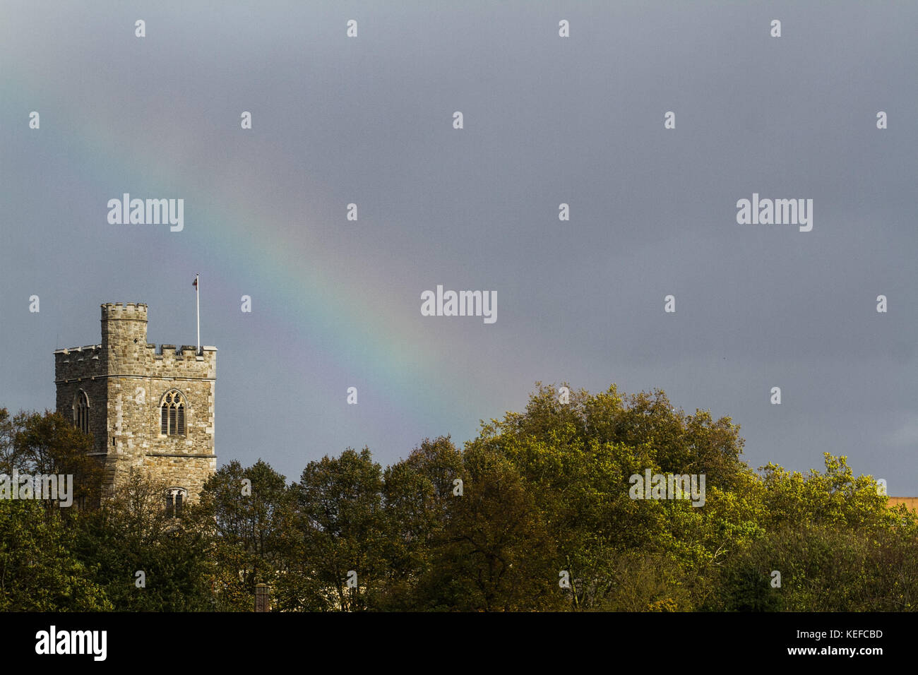 London, UK. 21st Oct, 2017. UK Weather. A colourful rainbow appears over Fulham Palace Putney after a brief shower brought about by Storm Brian Credit: amer ghazzal/Alamy Live News Stock Photo