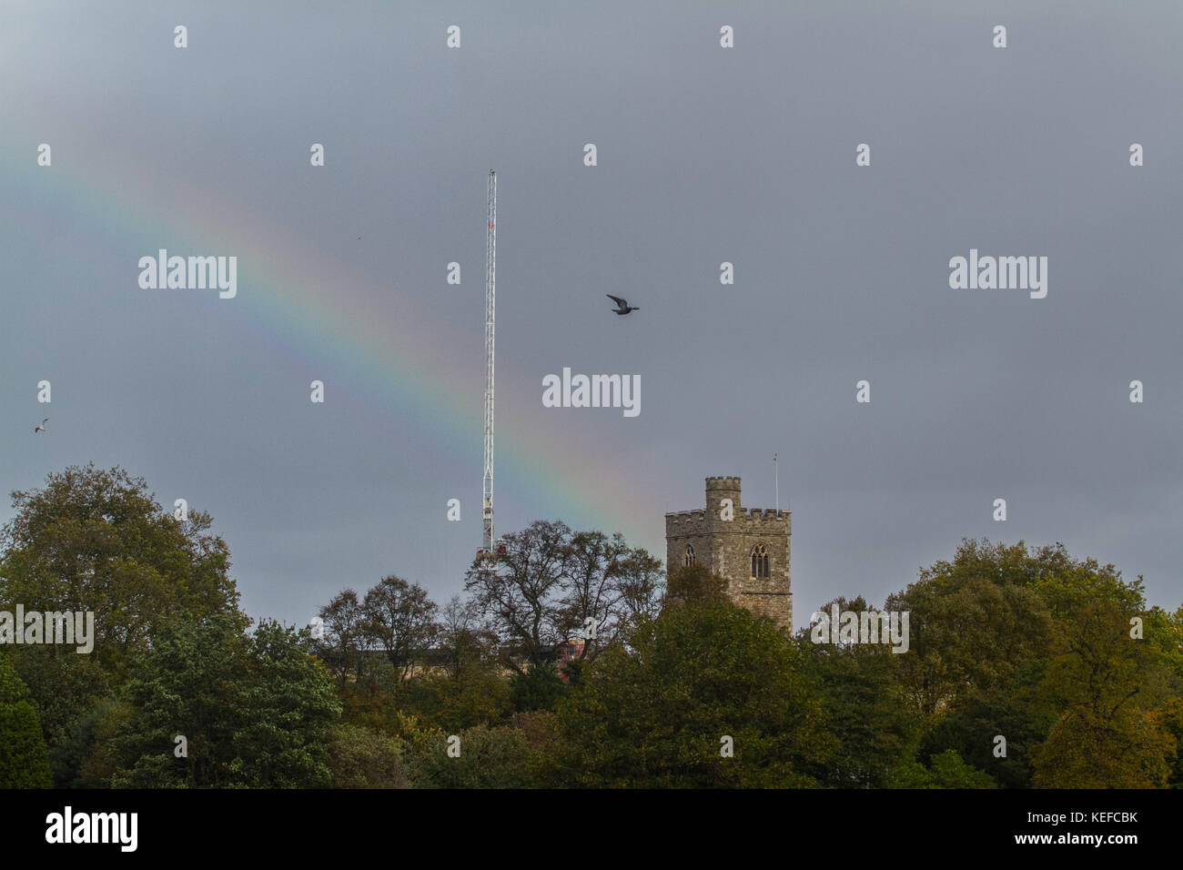 London, UK. 21st Oct, 2017. UK Weather. A colourful rainbow appears over Fulham Palace Putney after a brief shower brought about by Storm Brian Credit: amer ghazzal/Alamy Live News Stock Photo