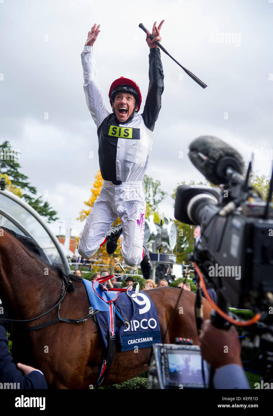 Ascot, UK. 21st Oct, 2017. Frankie Dettori flying dismount after winning the Champion Stakes on Cracksman at Ascot Races on Qipco Champions Day. Credit: John Beasley/Alamy Live News Stock Photo