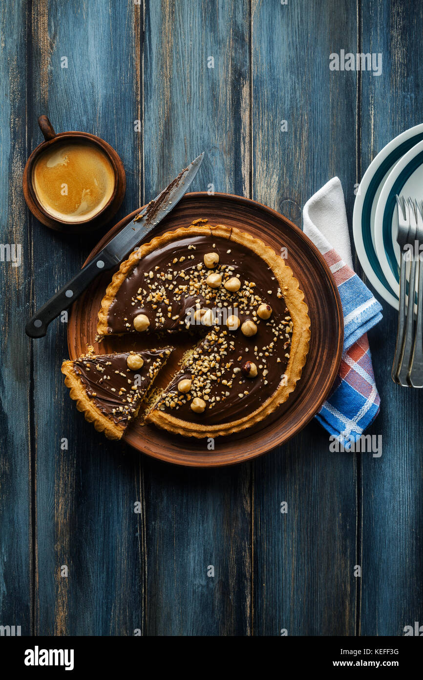 Italian walnut cake crostata with chocolate and hazelnuts. and coffee ...