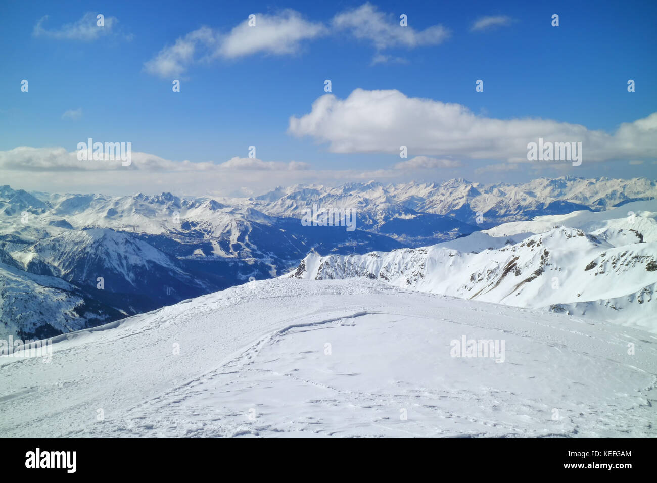 Panoramic view of snowy mountains in 3 Valleys skiing resort, French ...