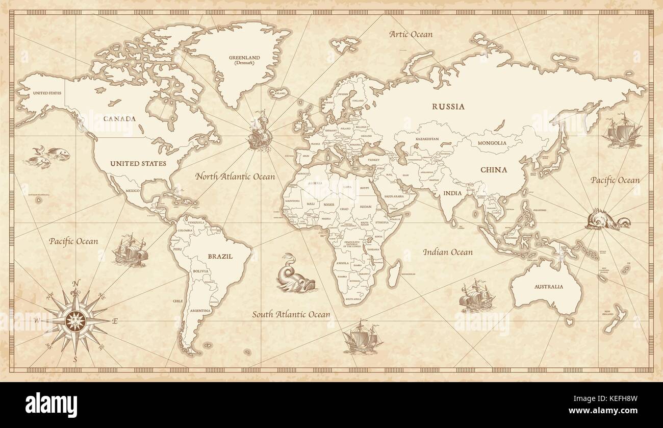 Great Detail Illustration of the world map in vintage style with all countries boundaries and names on a old parchment background. Stock Vector