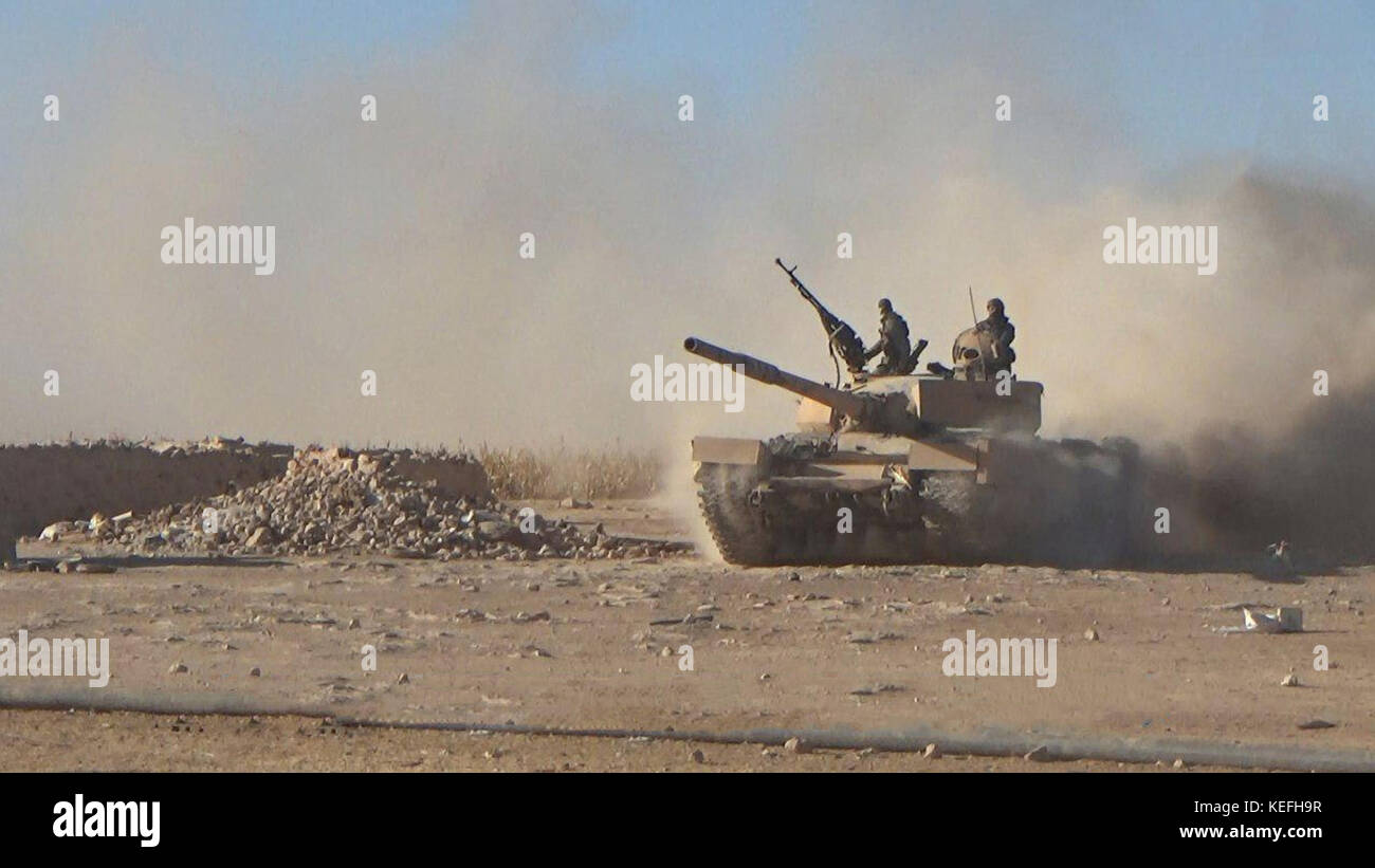 Still image taken from a propaganda video released October 18, 2017 showing Tahrir al-Sham in clashes against the Islamic State using tanks during battles east of Hama, Syria. HTS jihadists formed from former al-Nusra Front fighters have been fighting the Islamic State for control or the region. Stock Photo