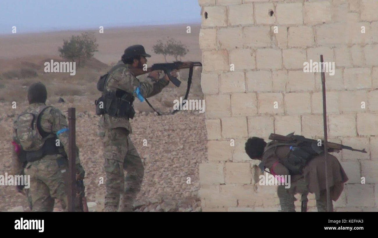 Still image taken from a propaganda video released October 20, 2017 showing Tahrir al-Sham in clashes against the Islamic State during battles in Al-Rihan Village east of Hama, Syria. HTS jihadists formed from former al-Nusra Front fighters have been fighting the Islamic State for control or the region. Stock Photo