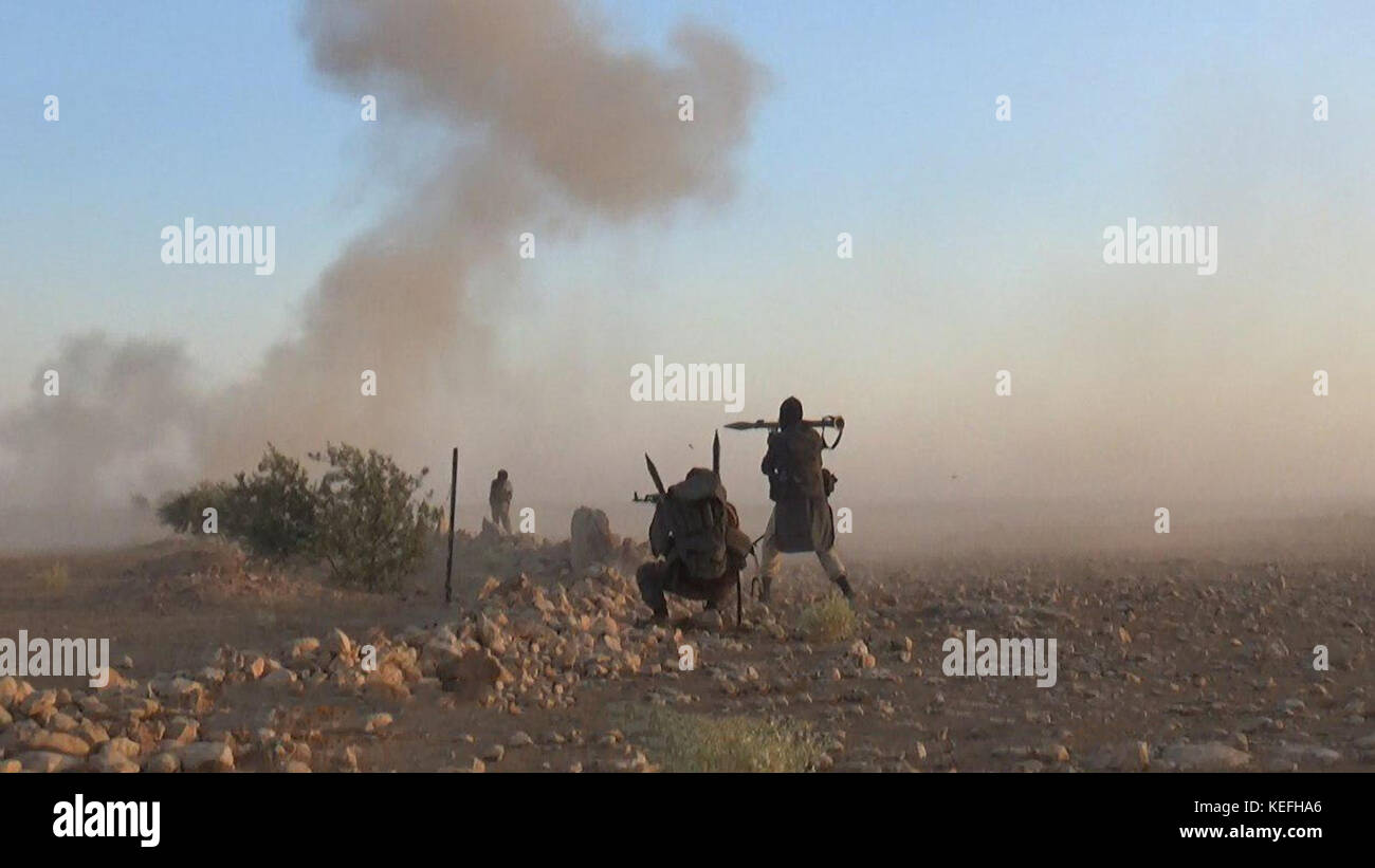 Still image taken from a propaganda video released October 16, 2017 showing Tahrir al-Sham in clashes against the Islamic State during battles in Al-Rihan Village east of Hama, Syria. HTS jihadists formed from former al-Nusra Front fighters have been fighting the Islamic State for control or the region. Stock Photo