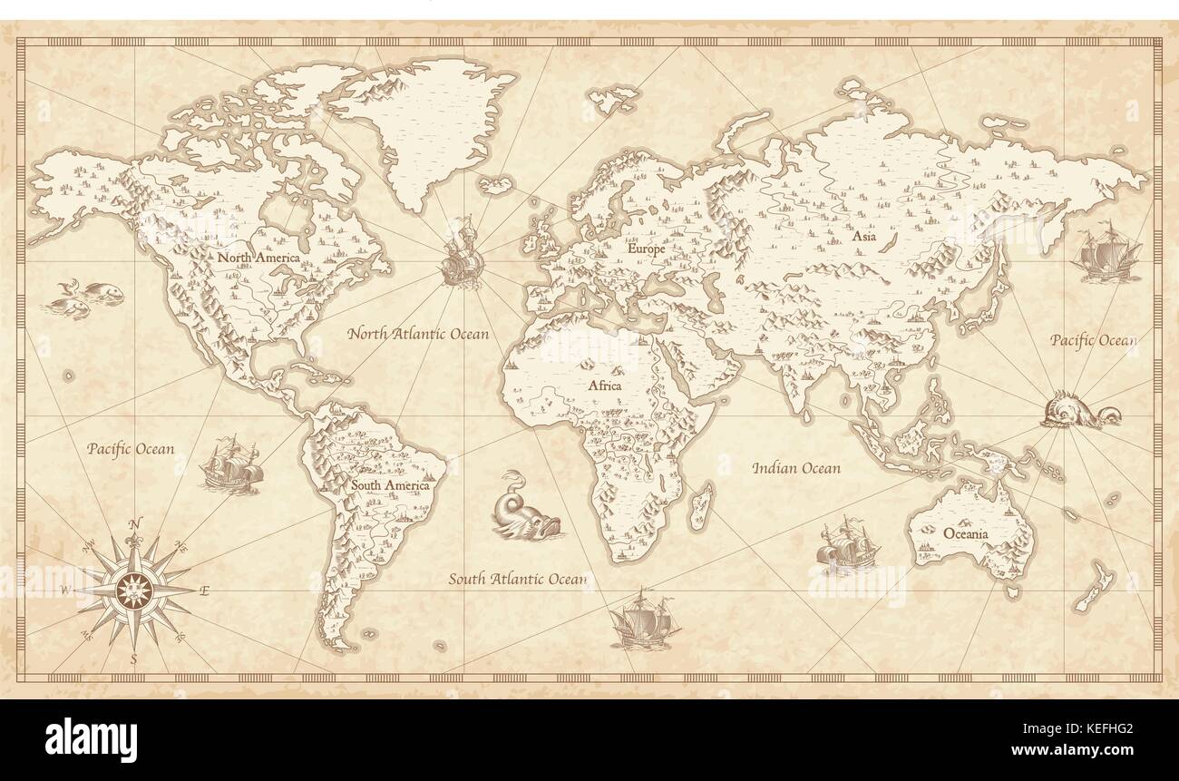 Great Detail Illustration of the world map in vintage style with mountains, trees, cities and main rivers on a old parchment background. Stock Vector