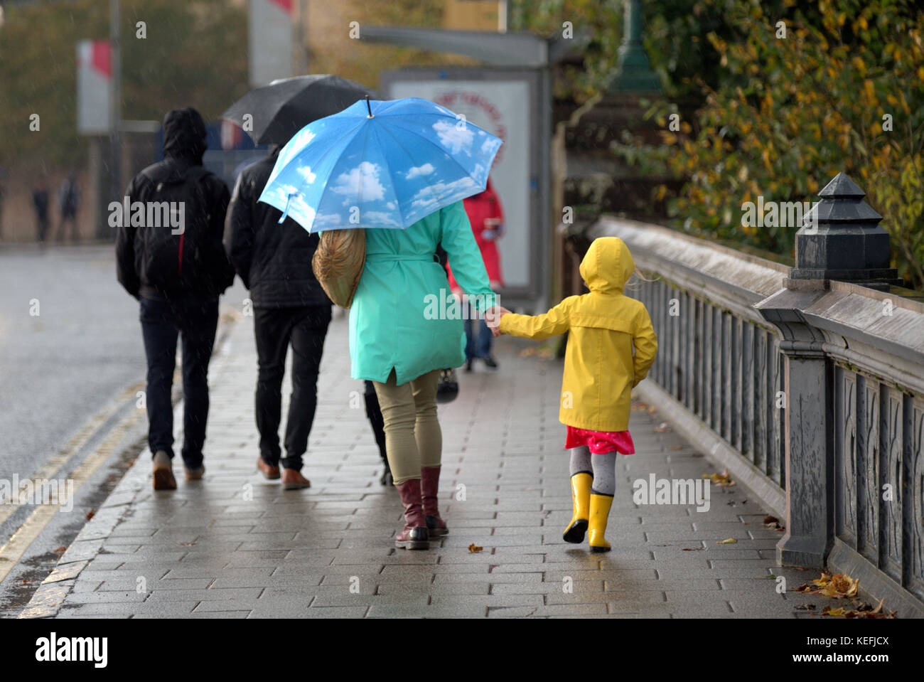 The Met Office issued yellow weather alerts and warned about possible storm damage as heavy showers and strong winds from Hurricane Ophelia hits city Stock Photo