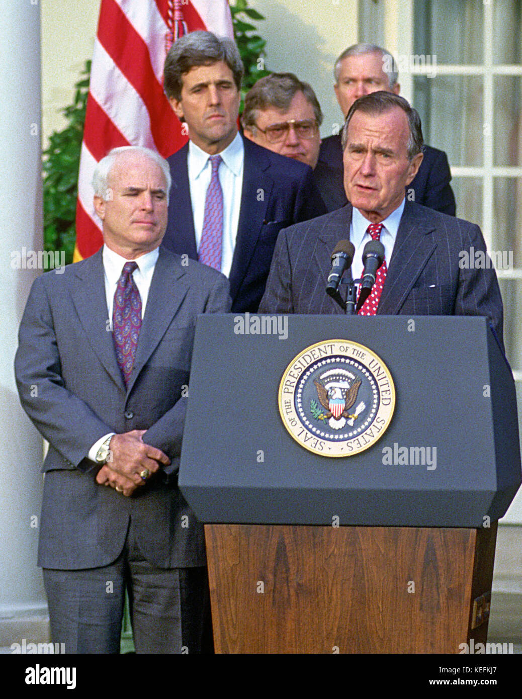 Washington, DC - (FILE) -- United States President George H.W. Bush announces the Government of Vietnam has agreed to make available all information including photographs, artifacts, and military documents on United States prisoners of war (POWs) and those missing in action (MIAs) in the Rose Garden of the White House on Friday, October 23, 1992.  Pictured from left to right: United States Senator John McCain (Republican of Arizona); United States Senator John F. Kerry (Democrat of Massachusetts); United States Secretary of State Lawrence Eagleburger; Director of Central Intelligence Robert M. Stock Photo
