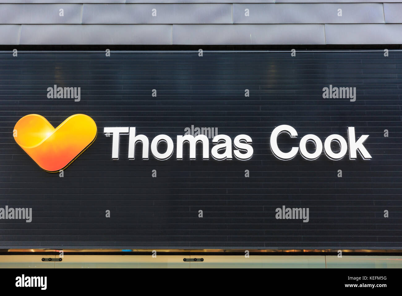 Thomas Cook shop sign, brand logo of the travel agency and tour operator, Westfield Stratford, London Stock Photo