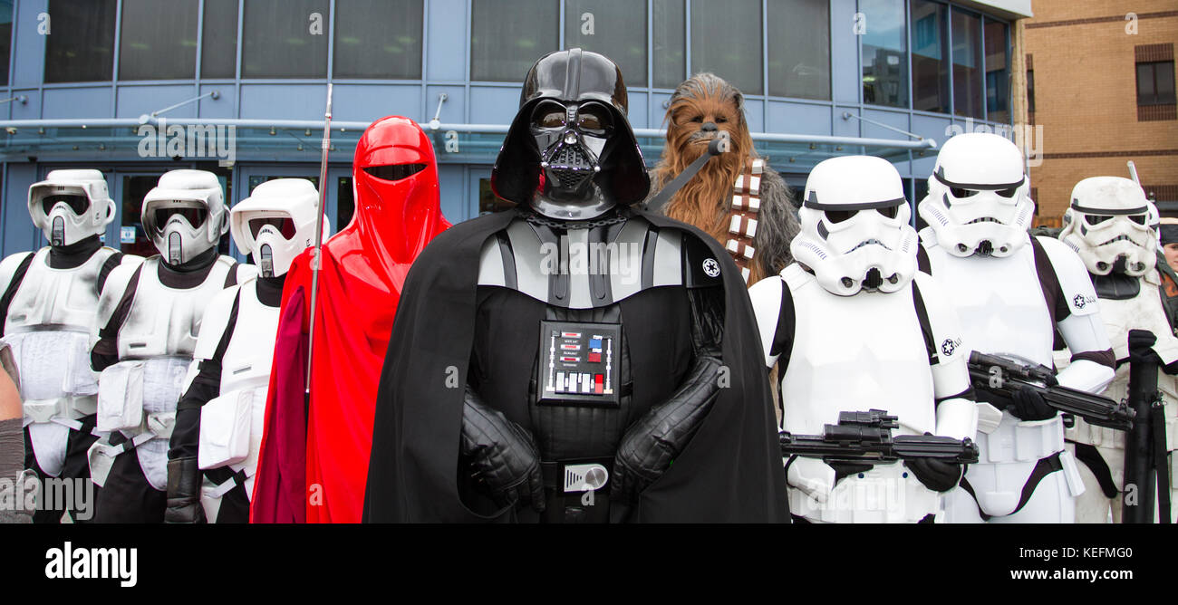 DONCASTER, UK - OCTOBER 7, 2017. A group of cosplayers dressed as Darth Vader, Stormtroopers and Chewbacca from Star Wars at a comic con in the UK. Stock Photo