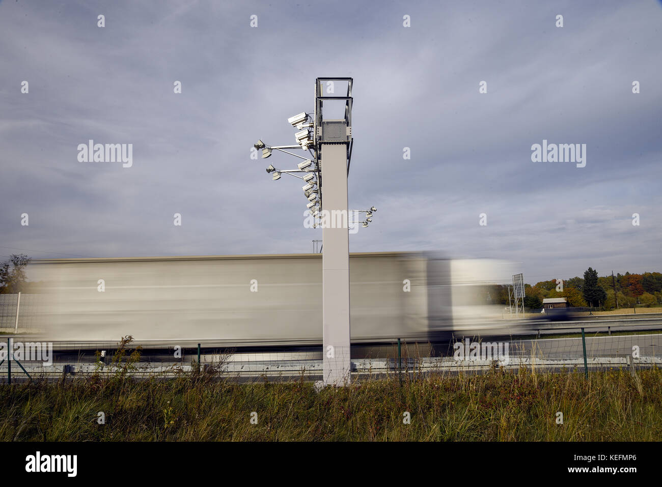 Truck, Toll bridge, Czech Higway toll system Kapsch Stock Photo - Alamy