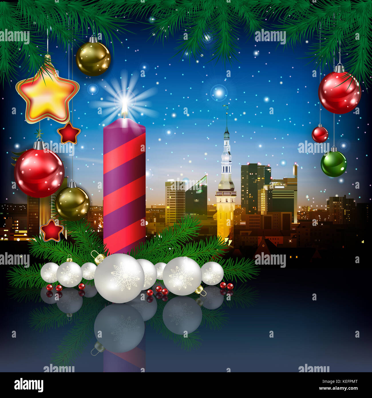 celebration greeting with panorama of city and Christmas candle Stock