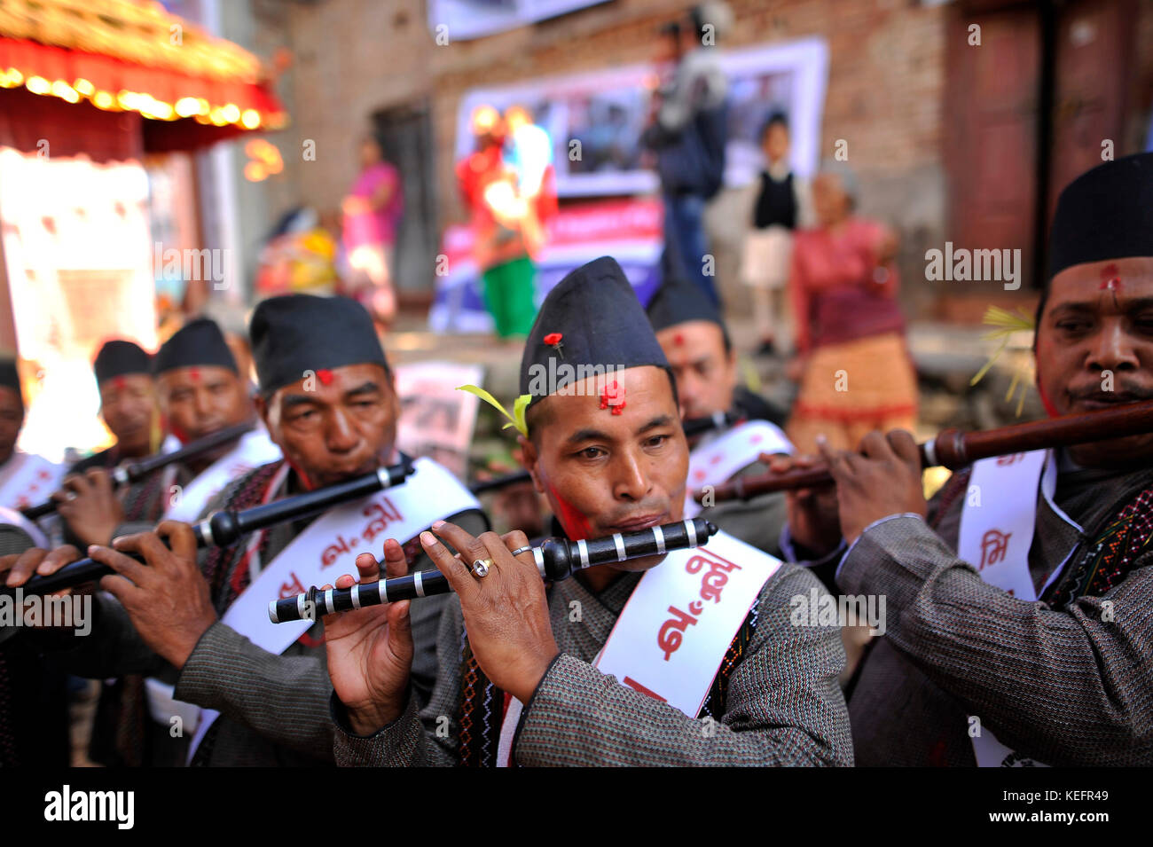 Newari People playing flute traditional instruments during Newari New