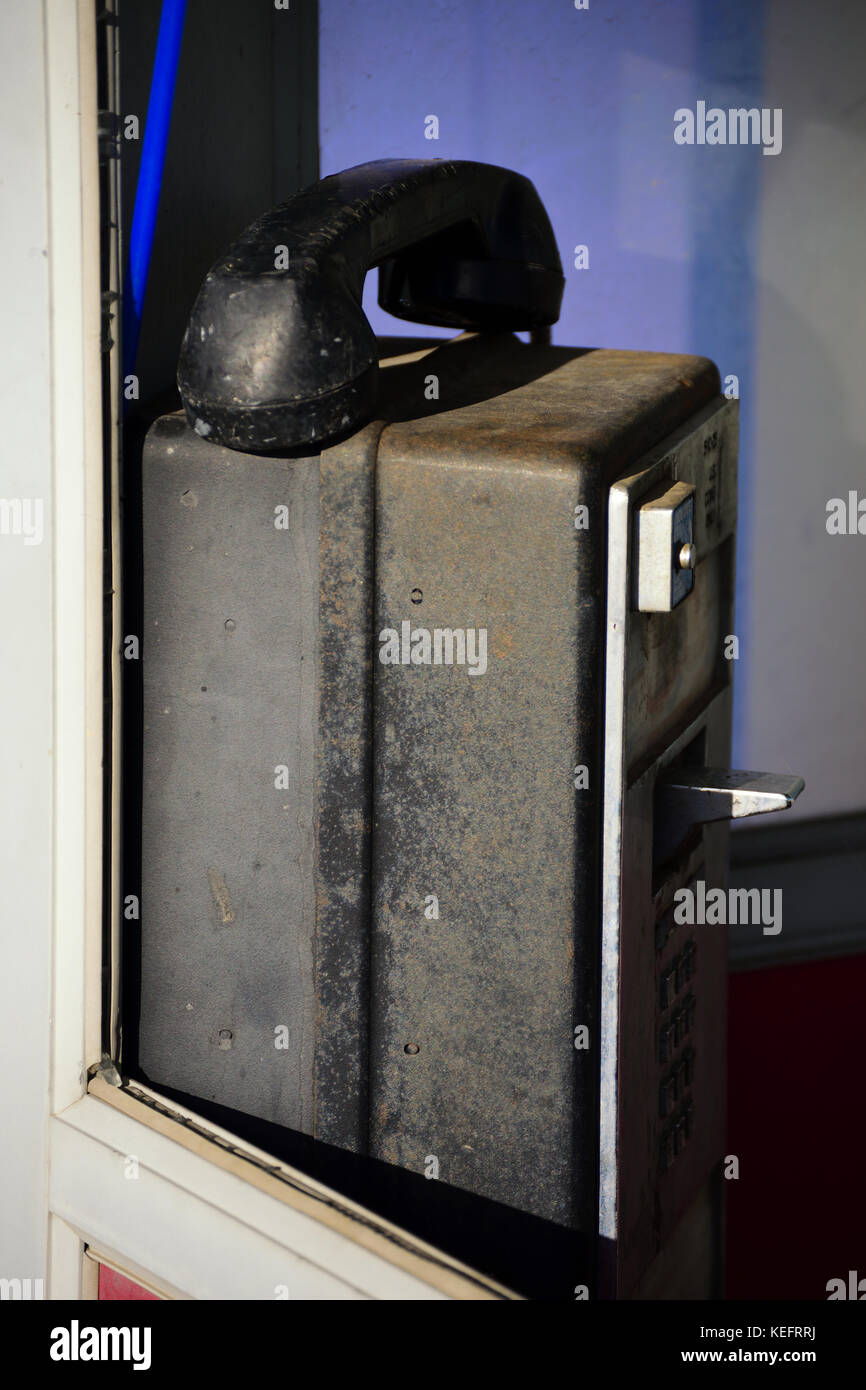 Old obsolete neglected telephone booth close up view Stock Photo Alamy