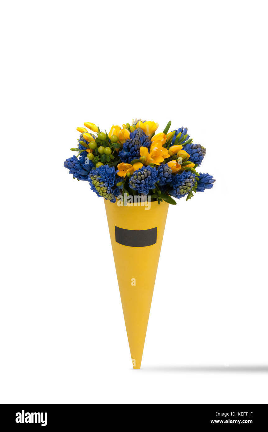 crocus flowers in a bouquet in a cone shape on a white background. Valentine's Day Stock Photo