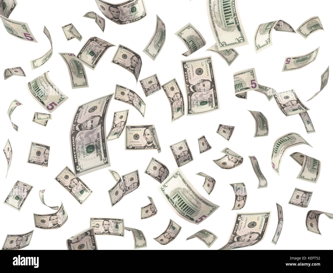 5 dollar bills flying on white background Stock Photo